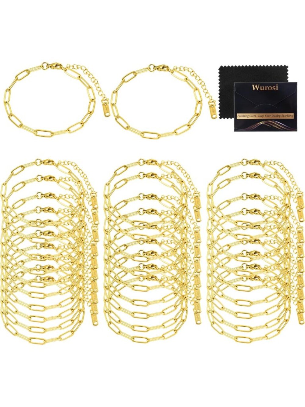 18K Gold Plated Paperclip Charm Bracelets - 30PCS 6.3 Inch Chain Set